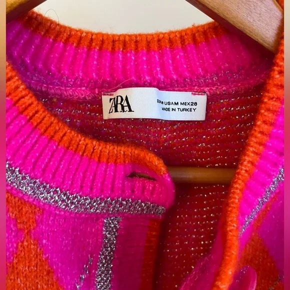 Zara Neon Argyle Button-down Cardigan - Picture 3 of 5